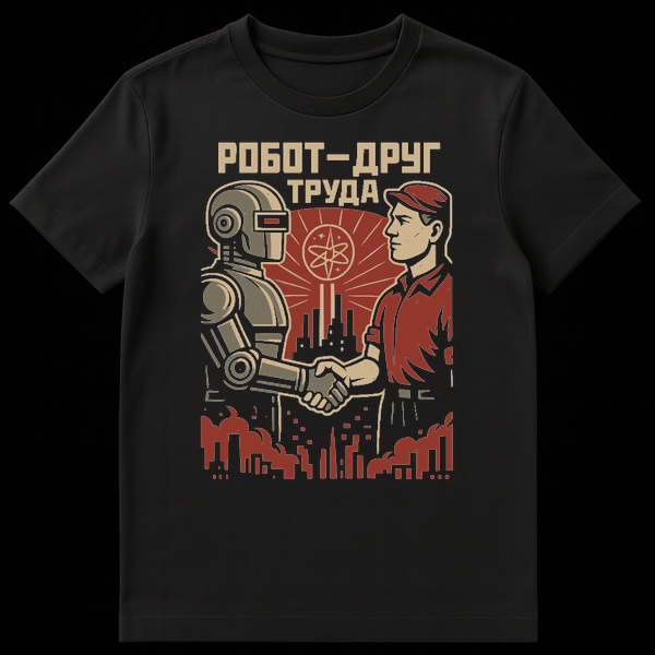 T-shirt featuring a retro-futuristic propaganda illustration of a robot and human worker shaking hands against a city skyline, with a sunburst and atom symbol. The text 'РОБОТ-ДРУГ ТРУДА' is at the top. on Black t-shirt