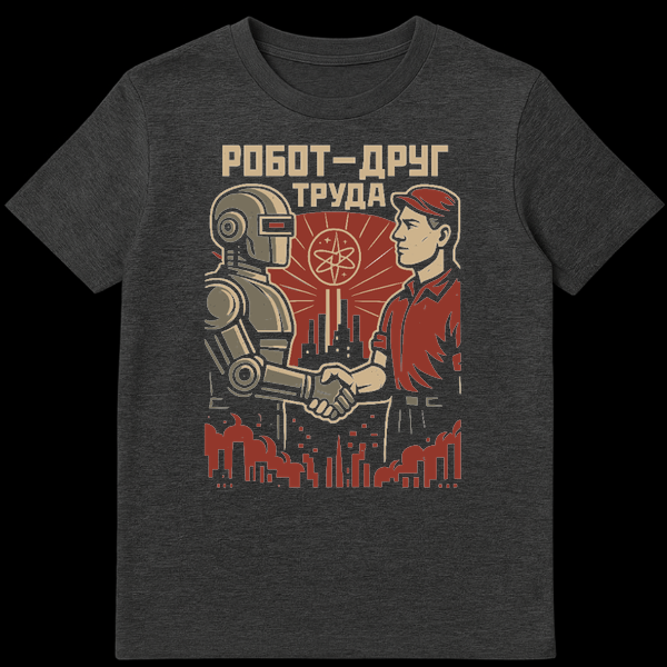 T-shirt featuring a retro-futuristic propaganda illustration of a robot and human worker shaking hands against a city skyline, with a sunburst and atom symbol. The text 'РОБОТ-ДРУГ ТРУДА' is at the top. on Dark Heather t-shirt