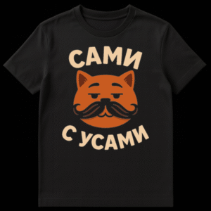 Close-up of a t-shirt featuring a cartoonish orange cat head with a large black mustache and the Russian text "SAMI" above, "S USAMI" below. on Black t-shirt