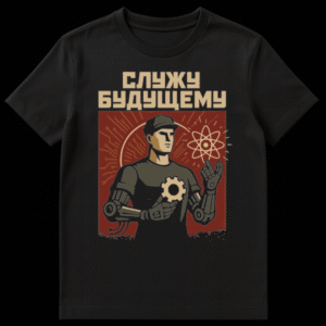 T-shirt featuring retro-futurist Soviet propaganda style art: a man with a human face and robotic arm holding a gear, against circuit lines and an atom symbol. Limited palette of red, black, beige, dark gray. Cyrillic text 'I SERVE THE FUTURE'. on Black t-shirt