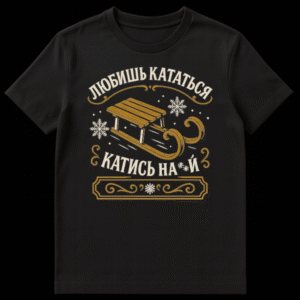 Vintage-style Russian T-shirt featuring a wooden sled in motion, surrounded by snowflakes and decorative swirls, with a Russian slogan. on Black t-shirt