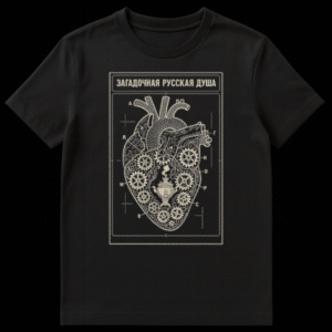 Black t-shirt featuring a detailed steampunk anatomical heart design with gears, pipes, and a Russian samovar inside. The text 'ZAGADoChNAYA RUSSKAYA DUSHA' is above the heart in light beige lines. on Black t-shirt