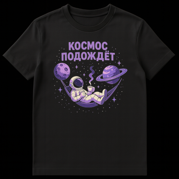 Pixel art astronaut in hammock between moon and planet on a purple-hued t-shirt, with Russian text "Space can wait." on Black t-shirt