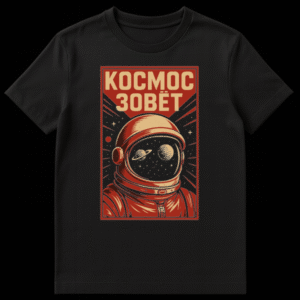 Retro Soviet propaganda style t-shirt featuring an astronaut with cosmic reflections in their helmet, against a starry background with radial lines. Text reads 'КОСМОС ЗОВЁТ' in red, black, and beige. on Black t-shirt