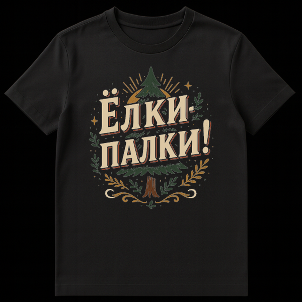 A rustic, nature-themed t-shirt featuring a central evergreen tree with a stylized sun/moon, surrounded by branches and stars. Bold cream text 'YOLKI-PALKI!' is prominent. on Black t-shirt