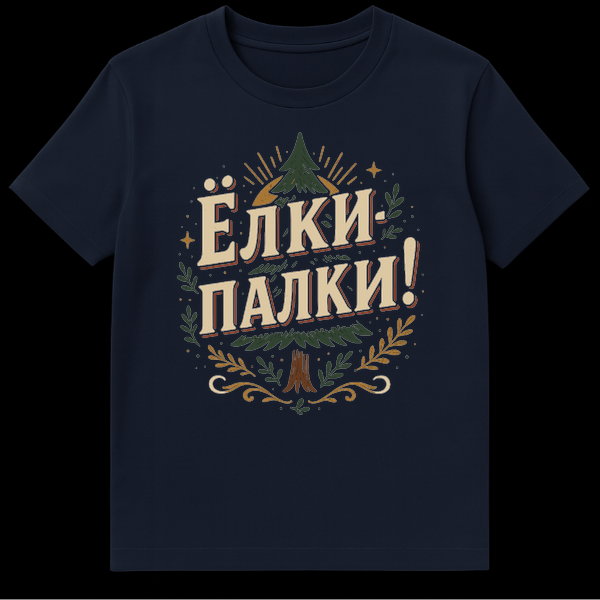 A rustic, nature-themed t-shirt featuring a central evergreen tree with a stylized sun/moon, surrounded by branches and stars. Bold cream text 'YOLKI-PALKI!' is prominent. on Navy Blue t-shirt