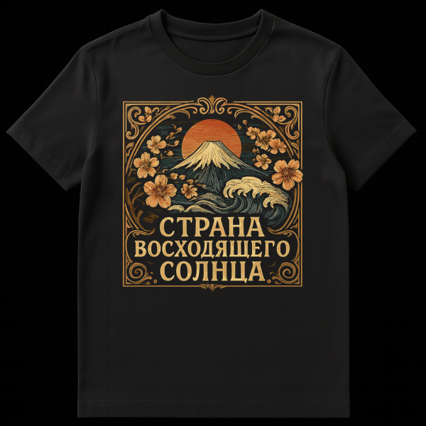 A t-shirt displaying an Art Nouveau Japanese landscape with Mount Fuji, a red sun, ocean waves, cherry blossoms, and ornate golden borders. Russian text 'СТРАНА ВОСХОДЯЩЕГО СОЛНЦА' is visible. on black t-shirt