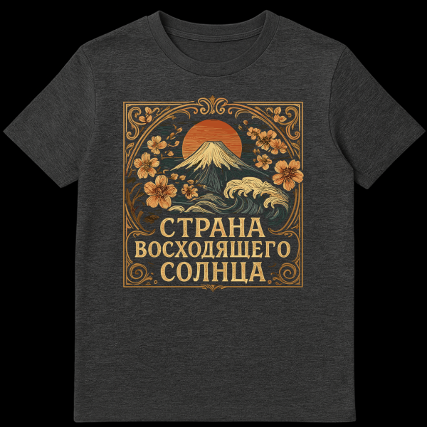 A t-shirt displaying an Art Nouveau Japanese landscape with Mount Fuji, a red sun, ocean waves, cherry blossoms, and ornate golden borders. Russian text 'СТРАНА ВОСХОДЯЩЕГО СОЛНЦА' is visible. on dark heather t-shirt