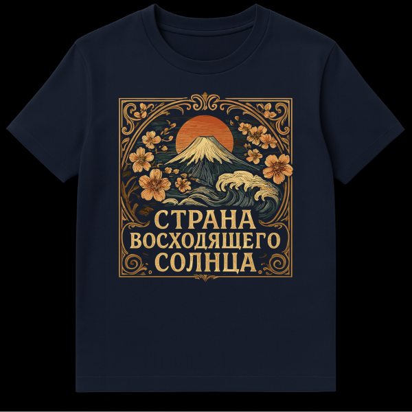 A t-shirt displaying an Art Nouveau Japanese landscape with Mount Fuji, a red sun, ocean waves, cherry blossoms, and ornate golden borders. Russian text 'СТРАНА ВОСХОДЯЩЕГО СОЛНЦА' is visible. on navy blue t-shirt