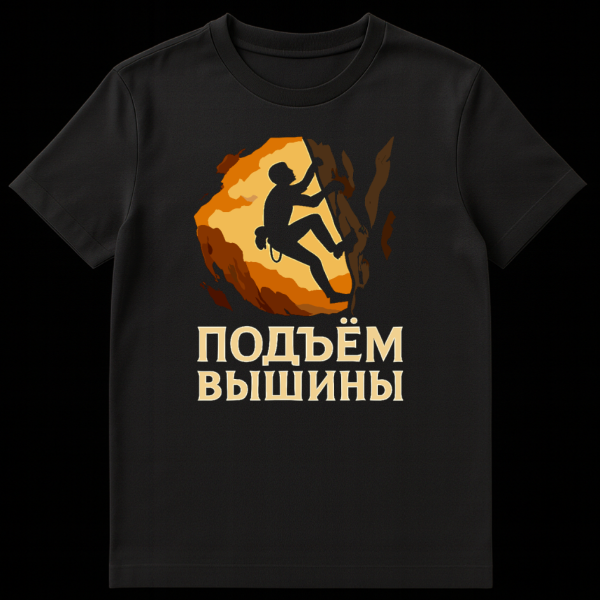 Grey silhouette of a rock climber against a warm, earthy-toned rock face on a t-shirt, with Russian text "ПОДЪЁМ ВЫШИНЫ" below it. on black t-shirt