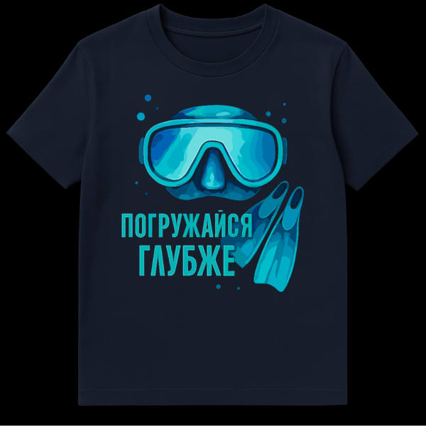 A person wearing a t-shirt featuring a graphic design of a diving mask and fins in blue and turquoise with bubbles. Below the imagery is Russian text "ПОГРУЖАЙСЯ ГЛУБЖЕ" (Dive Deeper). on navy blue t-shirt