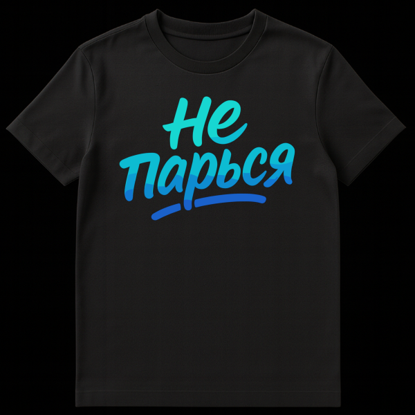 White t-shirt with a bold, hand-lettered 'НЕ ПАРЬСЯ' slogan in a blue and turquoise water-like gradient. The design is central and vibrant. on black t-shirt
