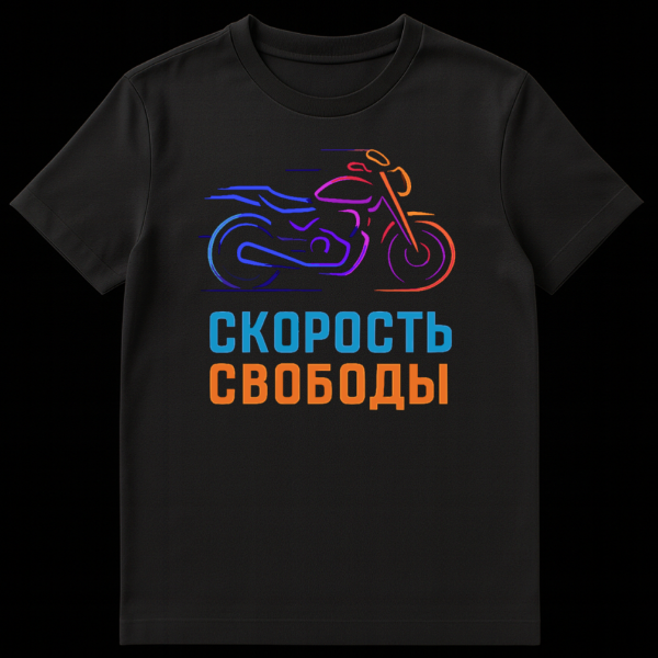 Black t-shirt featuring an abstract blue, purple, and orange gradient outline of a motorcycle in motion, with Russian text 'СКОРОСТЬ СВОБОДЫ' in blue and orange below it. on black t-shirt