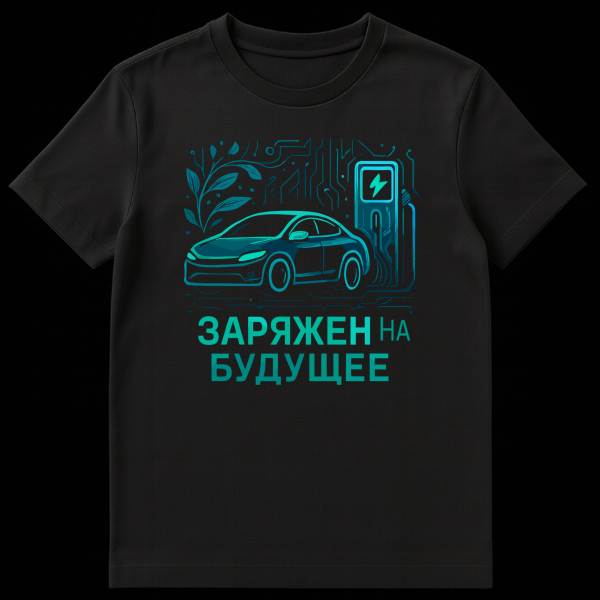 A t-shirt mockup featuring an electric car charging at a station, surrounded by circuit board and plant patterns in teal and cyan. The Russian text 'ЗАРЯЖЕН НА БУДУЩЕЕ' is prominent. on black t-shirt