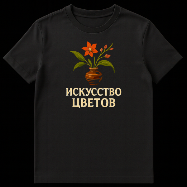 A t-shirt featuring a rustic folk art illustration of an orange flower arrangement in a brown vase with gold Russian text 'Art of Flowers' below it. on black t-shirt