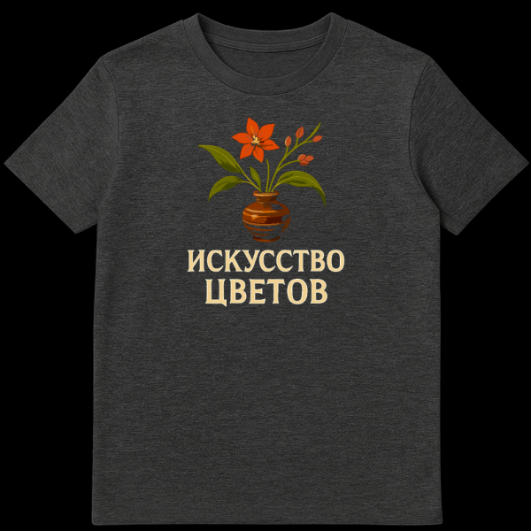 A t-shirt featuring a rustic folk art illustration of an orange flower arrangement in a brown vase with gold Russian text 'Art of Flowers' below it. on dark heather t-shirt