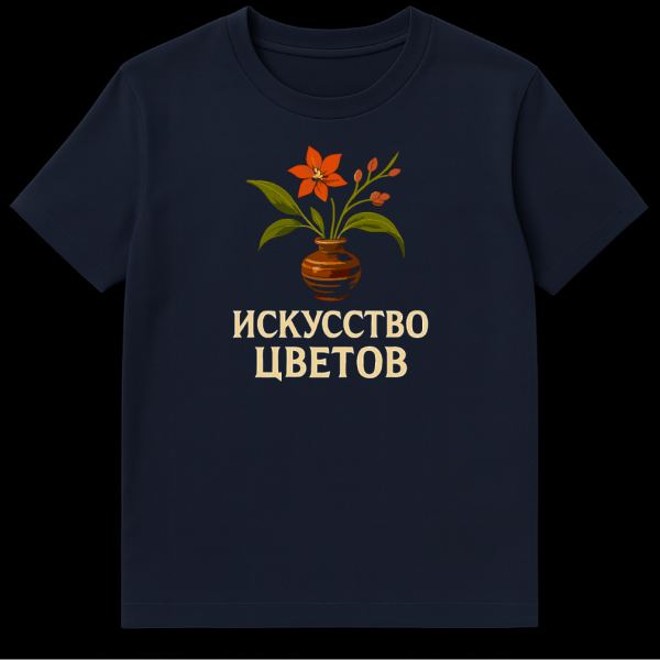 A t-shirt featuring a rustic folk art illustration of an orange flower arrangement in a brown vase with gold Russian text 'Art of Flowers' below it. on navy blue t-shirt