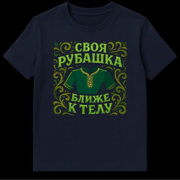 Close-up of a t-shirt featuring a stylized dark green Russian rubakha with yellow trim, surrounded by green and yellow swirling floral motifs, and the Russian proverb 'SVOYA RUBASHKA BLIZHE K TELU' in textured green font. on navy blue t-shirt