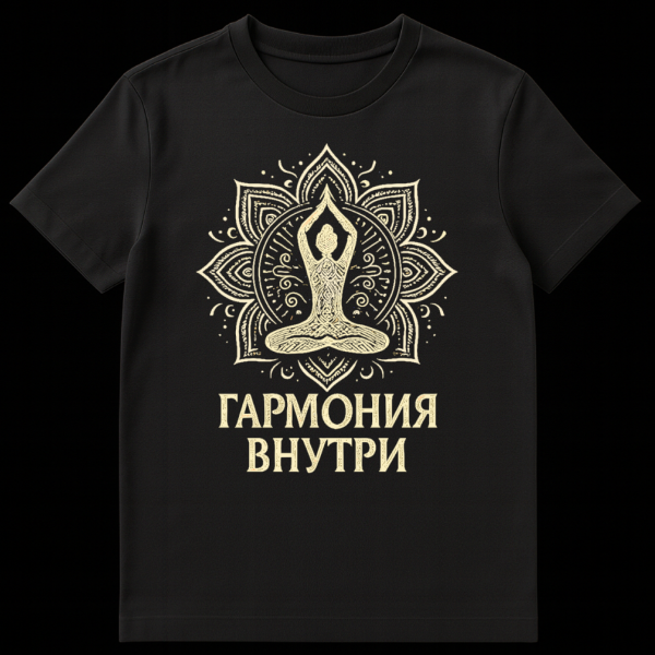 Mockup of a t-shirt featuring a distressed golden illustration of a person in a yoga lotus pose within a mandala, with Russian text "ГАРМОНИЯ ВНУТРИ" below. on black t-shirt
