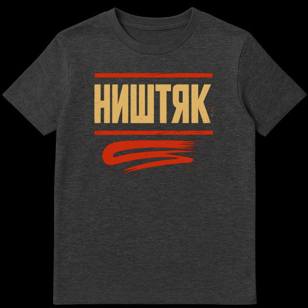 Close-up of a grey t-shirt featuring a distressed, bold, yellow-orange Cyrillic word "НИШТЯК" (Nishtyak) between two red horizontal bars, with a stylized red 'S' shape below. The style is grungy and retro. on dark heather t-shirt
