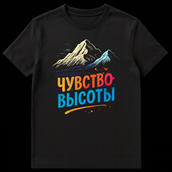 Close-up of a t-shirt featuring a stylized illustration of two textured mountains with the Russian text 'ЧУВСТВО ВЫСОТЫ' (FEELING OF HEIGHT) in a vibrant gradient, with colorful splatters and a curved underline. on black t-shirt