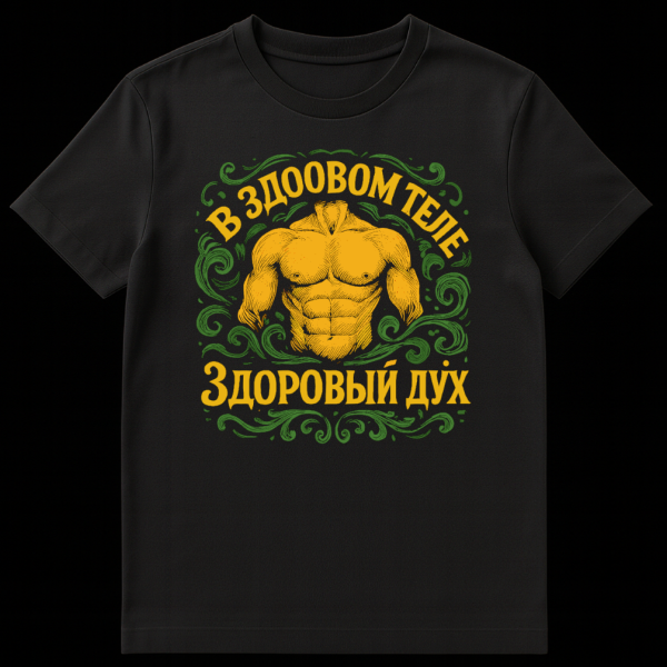 Front view of a person wearing a black t-shirt with a yellow muscular male torso design, surrounded by green swirling foliage and yellow Russian script. on black t-shirt