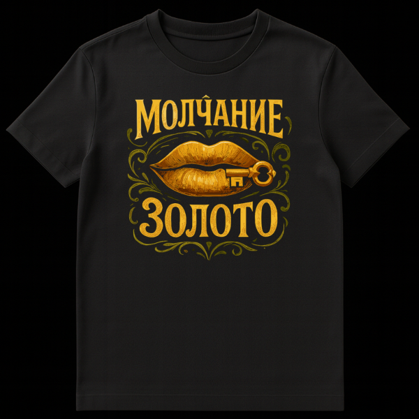 Vintage style Russian t-shirt design with golden lips, a key, and green-gold filigree, featuring Cyrillic text "Silence is Gold". on black t-shirt