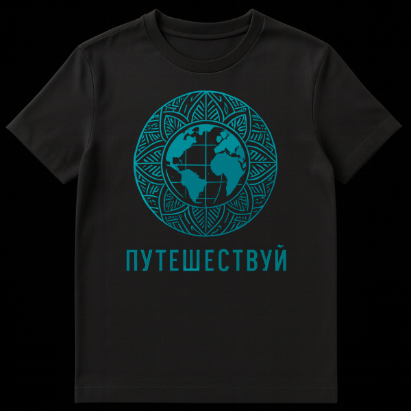 Close-up of a grey t-shirt featuring a teal stylized globe encircled by a mandala pattern, with the Russian word 'ПУТЕШЕСТВУЙ' (Travel) below it. on black t-shirt