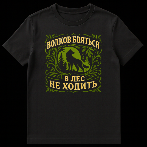 A black t-shirt featuring a stylized wolf in a forest, encircled by decorative foliage, with a rustic, folkloric style. The Russian text 'ВОЛКОВ БОЯТЬСЯ В ЛЕС НЕ ХОДИТЬ' is beneath the design. on black t-shirt