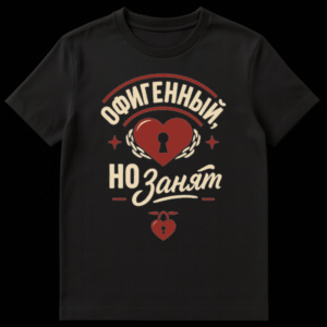 Black t-shirt featuring a distressed red heart with a keyhole, encircled by chains. Above it, arched Russian text 'ОФИГЕННЫЙ' and below, 'НО ЗАНЯТ'. A small heart padlock is at the bottom. The style is vintage. on Black t-shirt