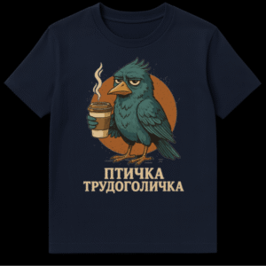 Mockup of a t-shirt featuring a distressed cartoon design of a grumpy teal bird with heavy eyelids, holding a steaming coffee cup, set against a distressed orange circle. Below the bird, the Russian text "ПТИЧКА ТРУДОГОЛИЧКА" is visible, translating to "Workaholic Birdy." on Navy Blue t-shirt