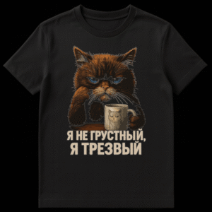 Dark brown grumpy cat with blue eyes on a t-shirt, holding a mug with another grumpy cat face. Russian text below reads 'I'm not sad, I'm sober'. on Black t-shirt
