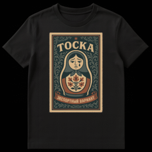 Close-up of a t-shirt featuring a vintage-style crying matryoshka doll framed by ornate floral scrollwork, with 'ТОСКА' above and 'ЭКСПОРТНЫЙ ВАРИАНТ' below. on Black t-shirt
