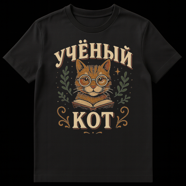 Vintage style t-shirt with a scholarly tabby cat wearing glasses and reading a book, surrounded by botanical elements and stars. Russian text 'УЧЁНЫЙ КОТ' is visible. on Black t-shirt