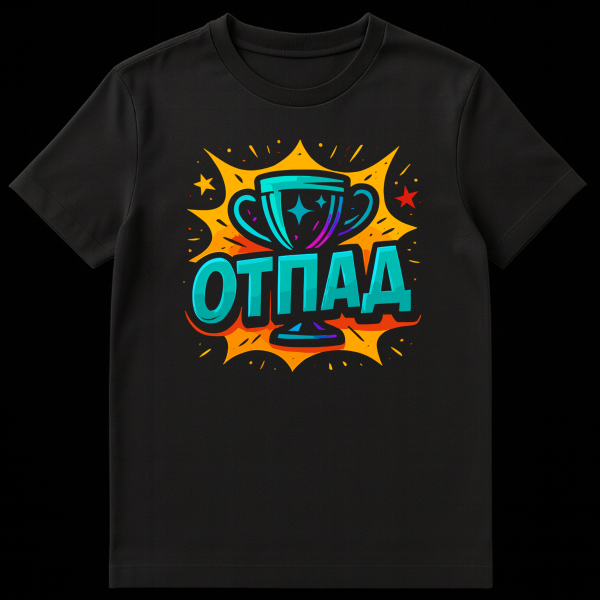 Vibrant cartoonish teal trophy t-shirt with purple accents against an orange and yellow starburst background, featuring scattered dots and stars. Below the trophy, the bold teal 3D-style Cyrillic text "ОТПАД" (OTPAD) is visible. on black t-shirt