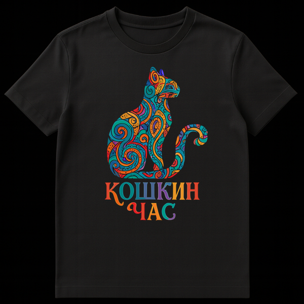 A black t-shirt featuring a stylized cat silhouette filled with colorful paisley patterns and Russian text 'Koshkin Chas' below it. on black t-shirt