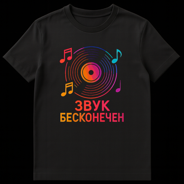 A person wearing a black t-shirt with a vibrant, gradient-colored graphic of a stylized vinyl record and musical notes, with the Russian text 'ЗВУК БЕСКОНЕЧЕН' (Sound is Infinite) below it. on black t-shirt