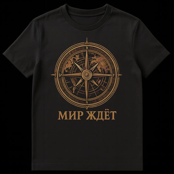 A t-shirt featuring a vintage-style compass rose with a subtle world map in golden-brown tones, and the Russian text "МИР ЖДЁТ" (The World Awaits) below it. on black t-shirt