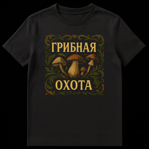 Front view of a person wearing a t-shirt with a vintage mushroom hunting design. The design features a central cluster of various mushrooms in earthy tones, framed by an ornate dark green and brown botanical border. Gold, textured Russian text "ГРИБНАЯ ОХОТА" (Mushroom Hunting) is placed above and below the mushrooms. The t-shirt is a dark color, possibly black or dark green. on black t-shirt
