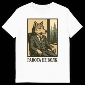 Melancholic wolf in a suit sitting in an office chair, looking out a window at a forest, vintage cartoon style, with Russian text "RABOTA NE VOLK" below on a t-shirt mockup. on White t-shirt