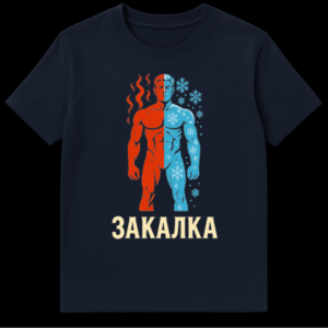 A t-shirt featuring a stylized muscular male figure split vertically; the left is red with flames, the right is light blue with snowflakes. Below, the cream text "ЗАКАЛКА" is prominently displayed. on Navy Blue t-shirt